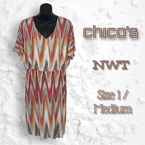 Chico’s NWT Ikat Print Multicolor Short Sleeve Dress Size Medium(Chico’s Size 1)